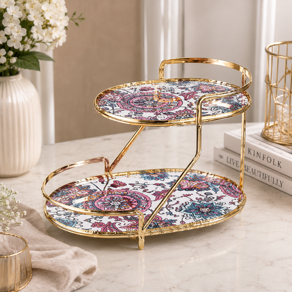 Luxury 2-Tier Decorative Serving Tray with Gold Metal Frame | Premium Dessert & Organizer Stand