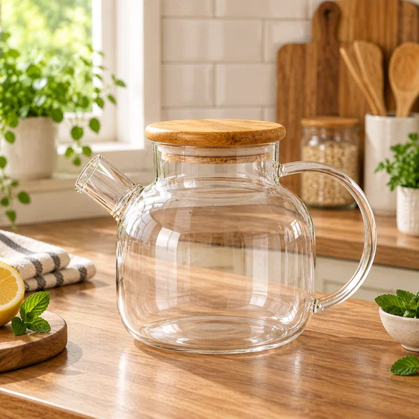 1 Litre Clear Kettle with Wooden Lid, Transparent