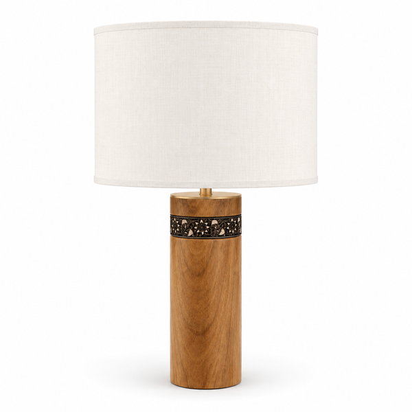 Wooden Accent Table Lamp in Brown & Black with White Fabric Shade