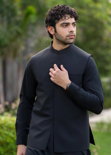 Buraq Men RTW Solids Blended 3 Piece Suit Black Formal Winter Collection