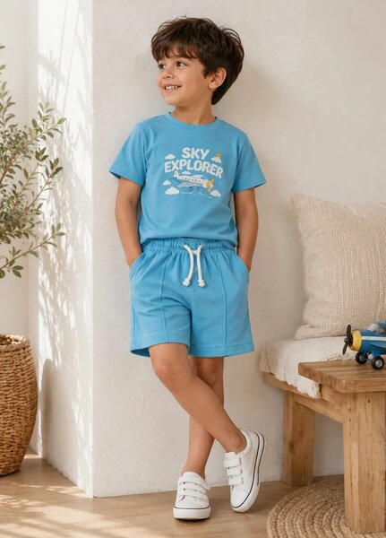Lambkin Kids RTW Printed Cotton 2 Piece Suit Sky Tee N Shorts Set - Casual Collection