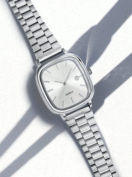 Shein - LUCKYFOX 1-Piece Battery-Operated Vintage Steel Band Minimalist Square Watch With Calendar