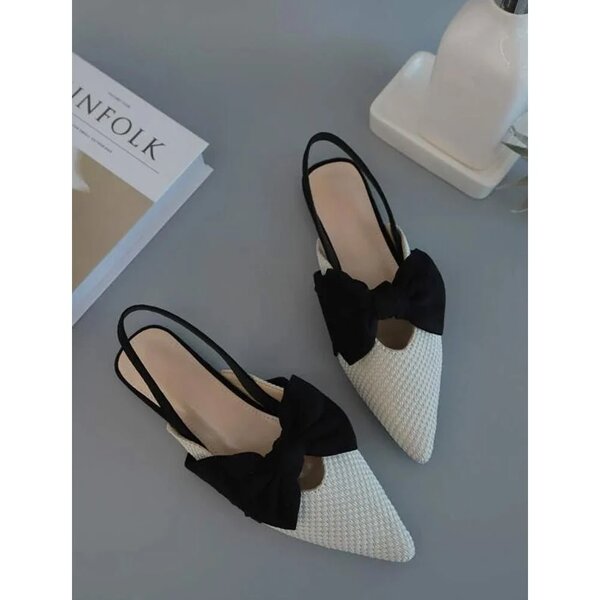 Shein - Bow Decor Knit Detail Point Toe Slingback Flats