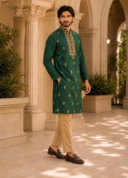 TGM Mens RTW Chikankari Chikankari Kurta Pajama Suit Aeron Green Festive Collection