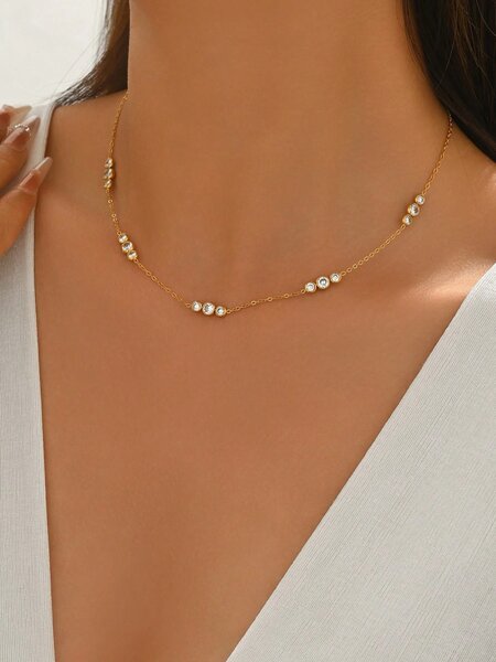 Shein - 1Pc 18K Gold Plated Minimalist Zirconia & Triple Round Diamond Stainless Steel Necklace