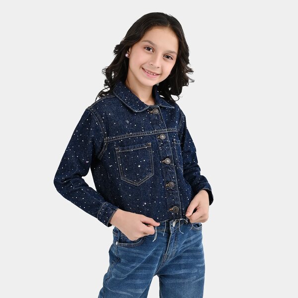 Girls Denim Rigid Woven Jacket Studs - Dark BLUE