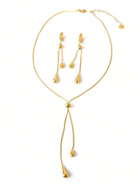 Shein - 3Pcs/Set Fashionable Water Drop Tassel Earrings Pendant, Adjustable Sweater Chain Necklace With Snake Bone Link Design
