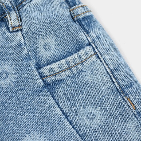 Infant Girls Denim Rigid Shorts – Flower Print Mid Blue with Elastic Waist
