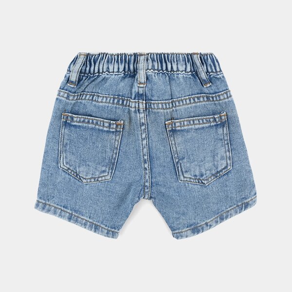 Infant Girls Denim Rigid Shorts – Flower Print Mid Blue with Elastic Waist