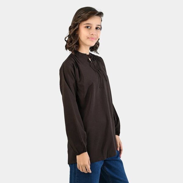 Teens Girls Tie-Neck Poly Viscose Casual Top – Dark Brown
