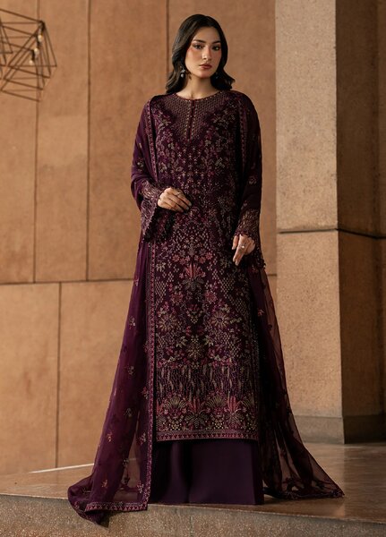 Lazawal by Lavish Premium Unstitched Embroidered Chiffon 3 Piece Suit LVP26UCL Maroon Majesty - Festive Collection