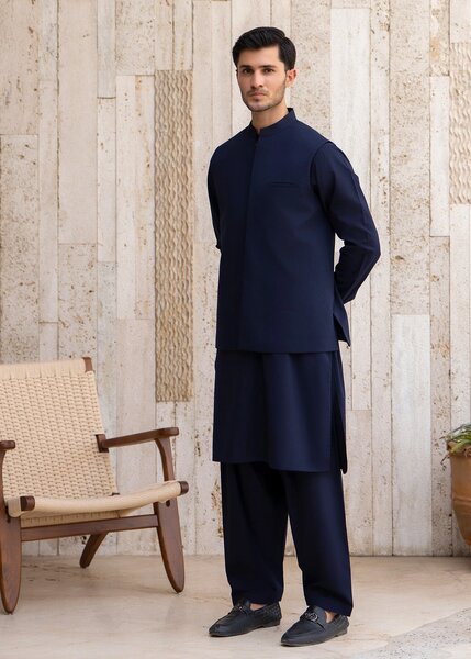 Buraq Men RTW Solids Blended Cotton 3 Piece Suit Navy Blue Winter Collection