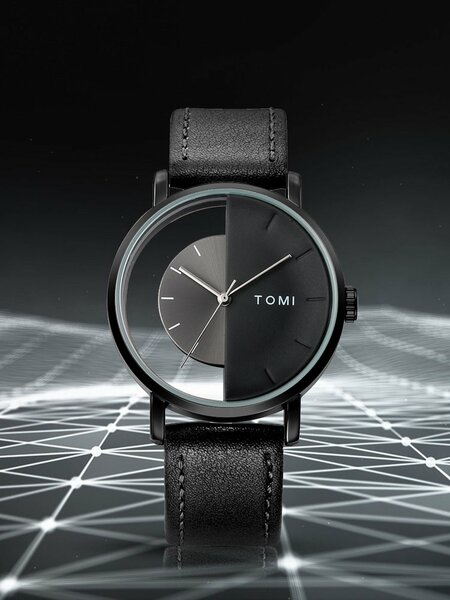 Shein - Men's Simple And Fashionable Semi-Transparent Dial Half-Face Leather Belt Watch