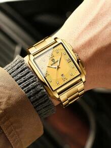 Shein - Men's Watch Gold Strap Rhinestone Square Dial Calendar Pointer Quartz Watch, For Daily Life Waterproof Father