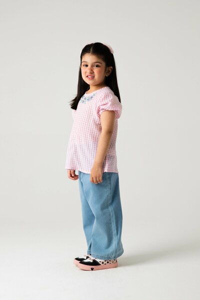 Pink Checkered Embroidered Top