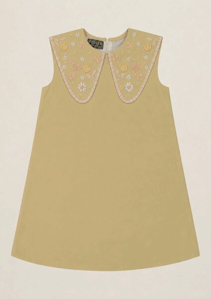 Matcha | A-line cotton dress with floral hand-embroidered collar