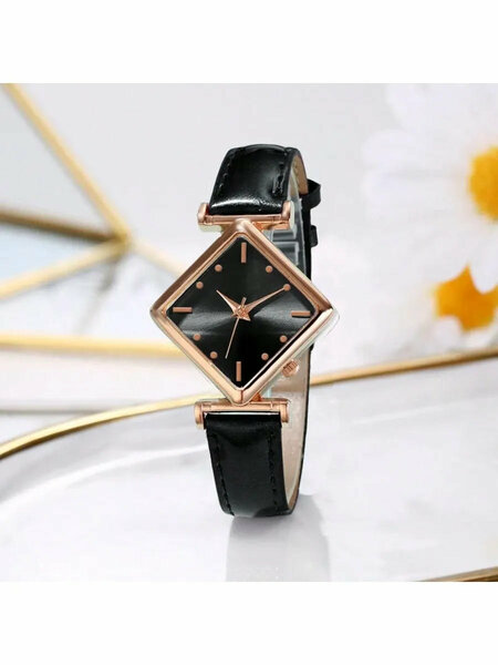 Shein - 1Pc Women'S Elegant Fashion Rhombus Alloy Case Pu Leather Band