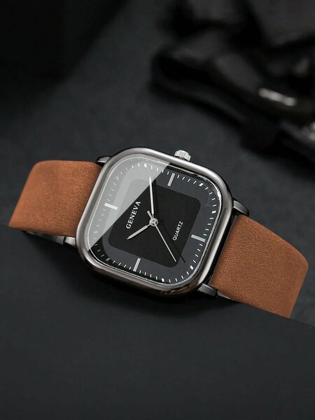 Shein - 1pc Men's Fashion Casual Rectangular Simple Scale Dial Classic Quartz Wrist Watch, Without Watch Box