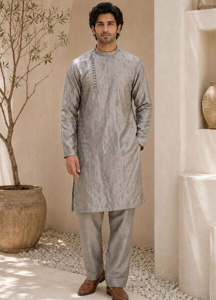 TGM Mens RTW Chikankari Chikankari Kurta Pajama Suit Eminence Grey Festive Collection
