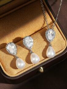 Shein - Rakol 3pcs Fashionable & Luxurious Copper Cubic Zirconia Pearl Waterdrop Shape Necklace And Earrings Set