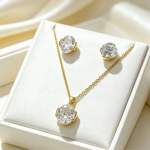 Shein - 1 Set Stainless Steel Chain Zirconia Pendant Necklace & Earrings Set