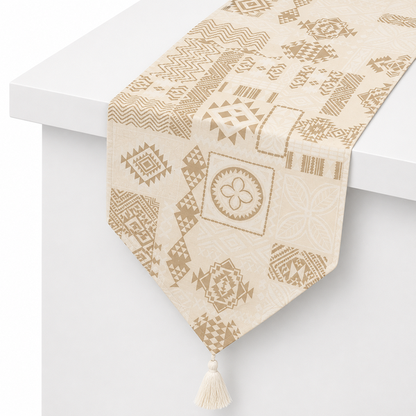 Beige Tribal Patch Table Runner with Tassels – 14 x 72 Inches | Decorative Dining Table Runner