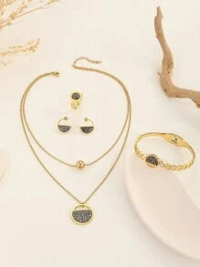 Shein - 1set(5pcs) Round Earrings, Ring, Necklace Jewelry Set