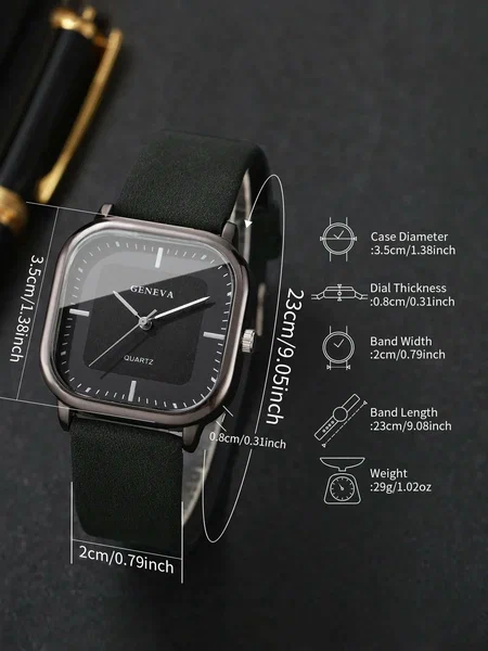 Shein - 2pcs/Set Men's Gift Watch & Belt, Fashion Minimalist Square Dial Quartz Wrist Watch