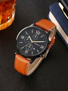Shein - 1pc Men's Orange Mixed Scale 3-Eye Quartz Watch