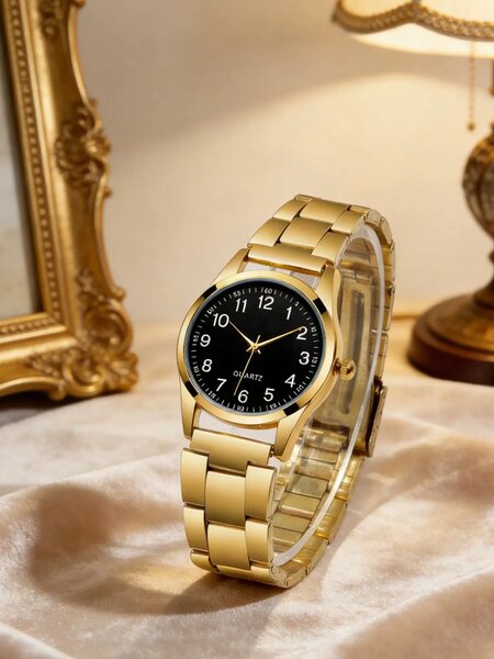 Shein - 1pc Luxury Elegant Gold-Tone Quartz Watch, Fashion Watch