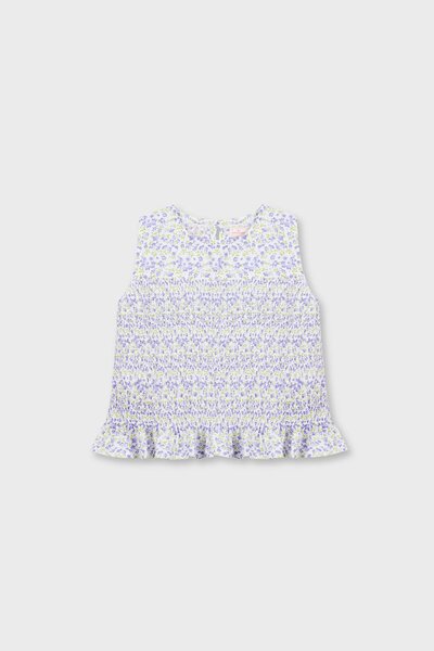 White Printed Smocked Cotton Top