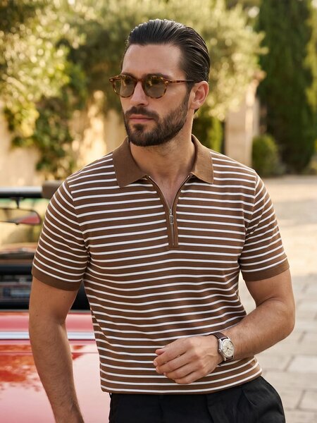 Golden Brown & White Yarn Dyed Polo T-Shirt (POLO-1257)