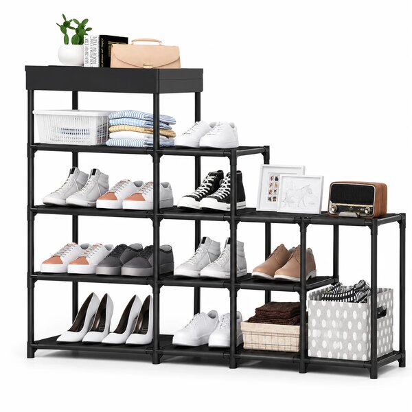 Multi-Tier Step Storage Rack | Black Modular Organizer Shelf