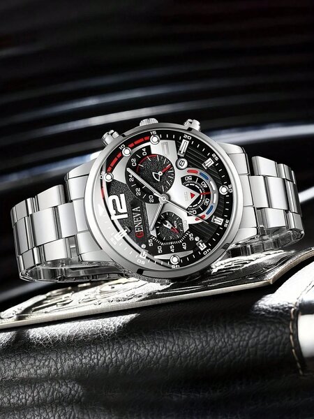 Shein - 2pcs/Set Men's Stainless Steel Quartz Watch Business Fashion Wristwatch With Gold Chain Bracelet, Date Feature
