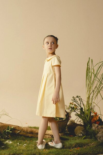 Marigold | Cream cotton blend pleated dress with hand-embroidered collar