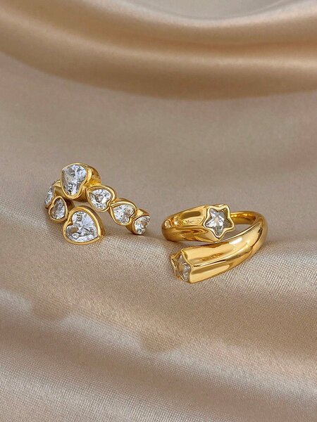 Shein - 18K Gold Plated Elegant Heart & Star Zirconia Adjustable Stainless Steel Ring Set