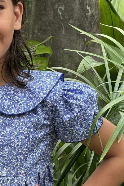 Bluebell | Girls blue and white floral cotton dress with Peter Pan collar