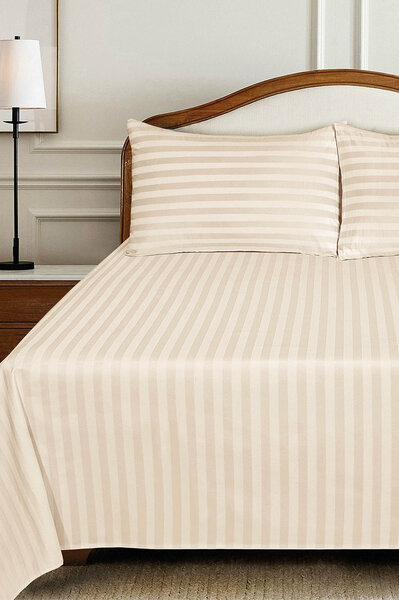 Cream Stripe Satin T-250 Bed Sheet Set 25