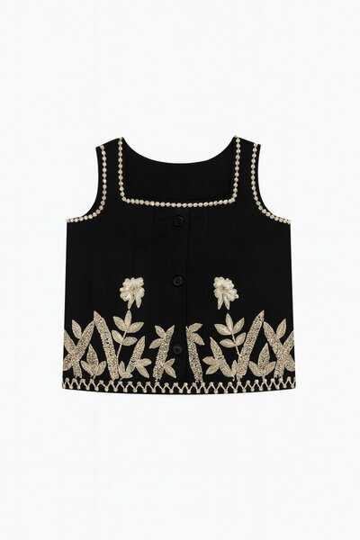 Orchid | Black cotton Co-Ord set with hand-embroidered detailing and square neckline