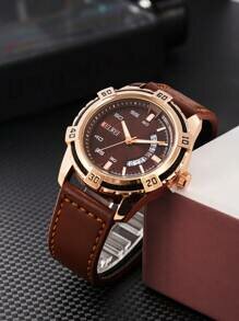 Shein - Men's Watch Quartz Movement New Leather Belt Luminous Waterproof Brown