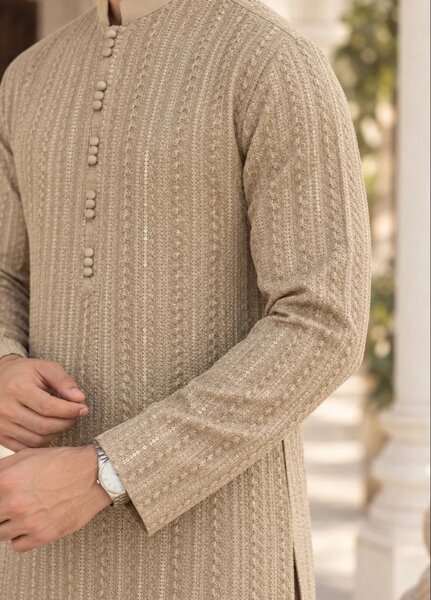 TGM Mens RTW Chikankari Chikankari Kurta Pajama Suit Titan Beige Festive Collection