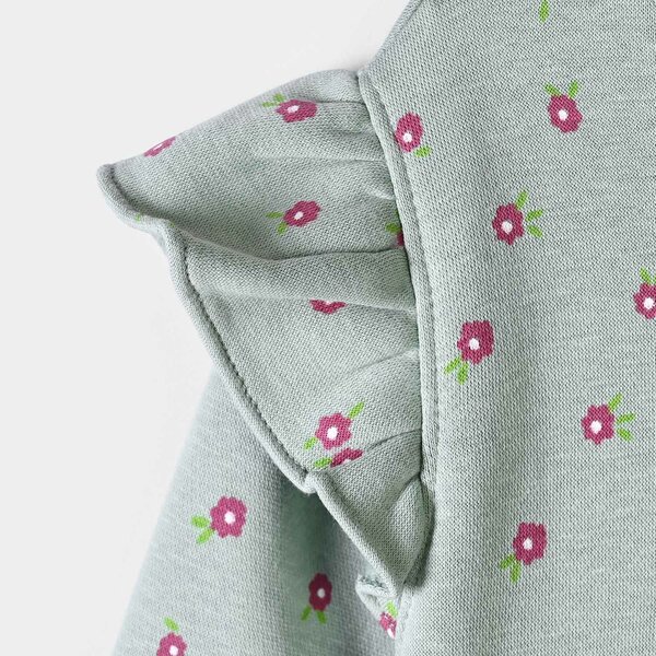 Girls Fleece Sweatshirt Flowers Pattern- Sea Green