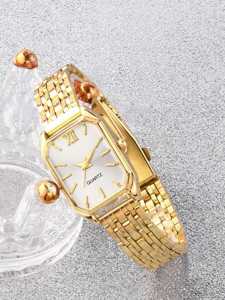 Shein - 6Pcs Stainless Steel Watch Band, Quartz Watch With Water Drop Necklace Bracelet Ring Earrings Set - Gold