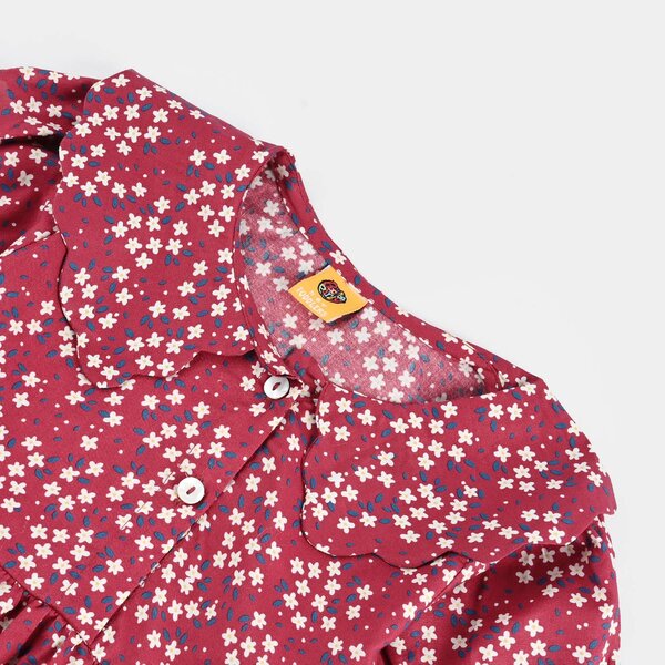 Girls Cotton Poplin Casual Frock Red Floral - Multi