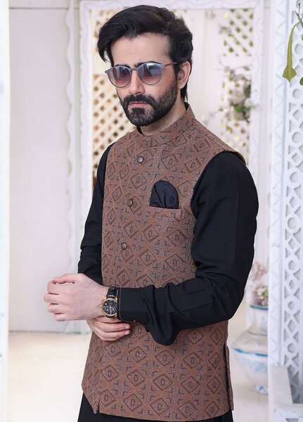 The Great Master (TGM) Raw Silk Festive Waistcoat for Men -  Brick Red