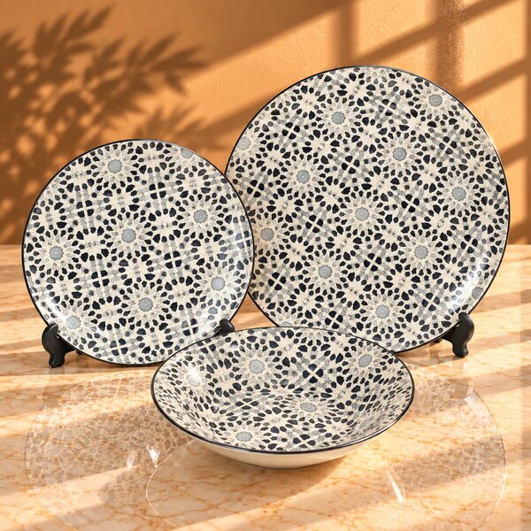 6 Person (18pcs) Grey Floral Medallion Plate Set – Elegant Ceramic Dinnerware Collection