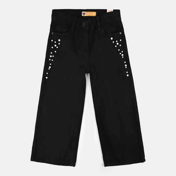Girls Pearl Embellished Stretch Denim Straight-Fit Pants – Black
