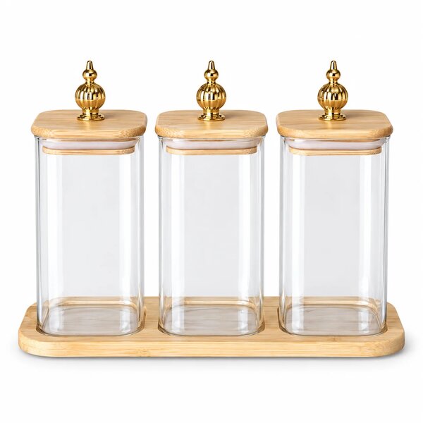 3-Piece Glass Jar Set with Wooden Stand