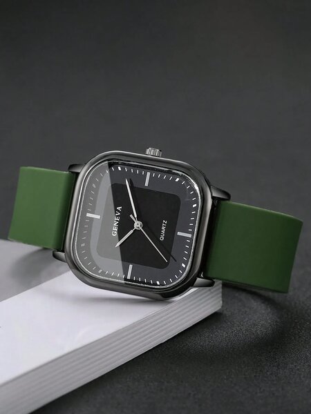 Shein - 1pc Men's Silicone Strap Fashion Casual Square Minimalist Dial Quartz Wrist Watch - Green