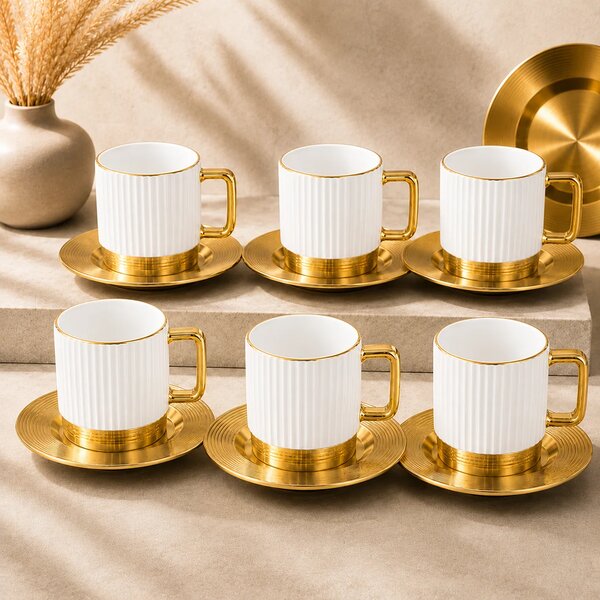 Luxury Metal Cup & Saucer Set – White and Gold Tea Coffee Cups